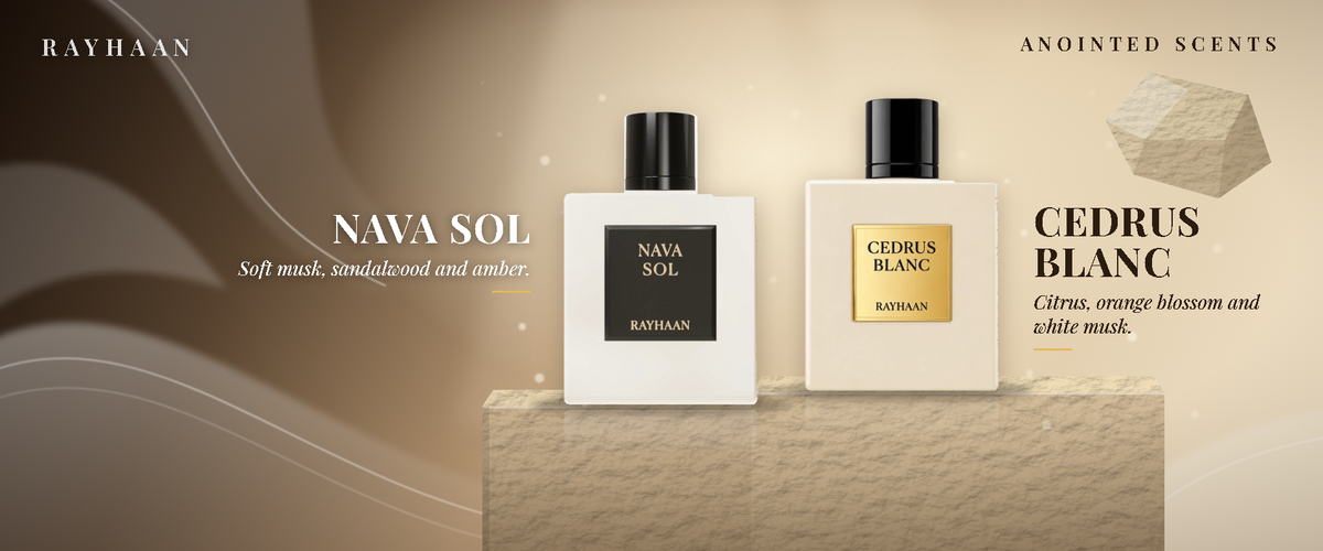Rayhaan Nava Sol and Cedrus Blanc perfumes on sandstone podiums